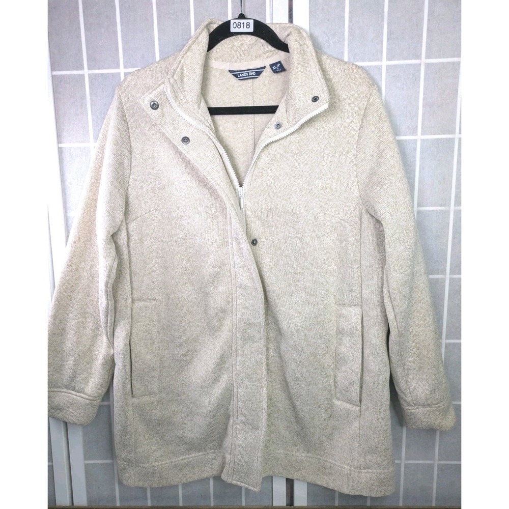 Lands' End Women's Sweater Jacket Petite XL Zip w/Snaps Fleece Lined Beige Cozy